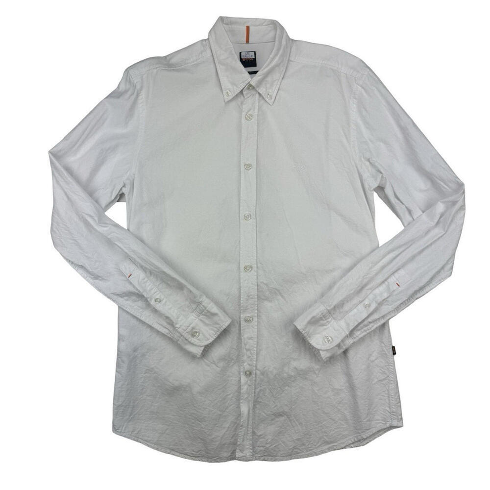 BOSS Regular Fit Button Down Shirt Oxford Cotton Logo White Size M